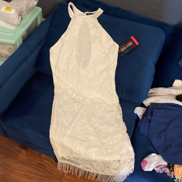 NWT White Beaded Fitted Dress with Fringe & Sequin Detail - Picture 8 of 11
